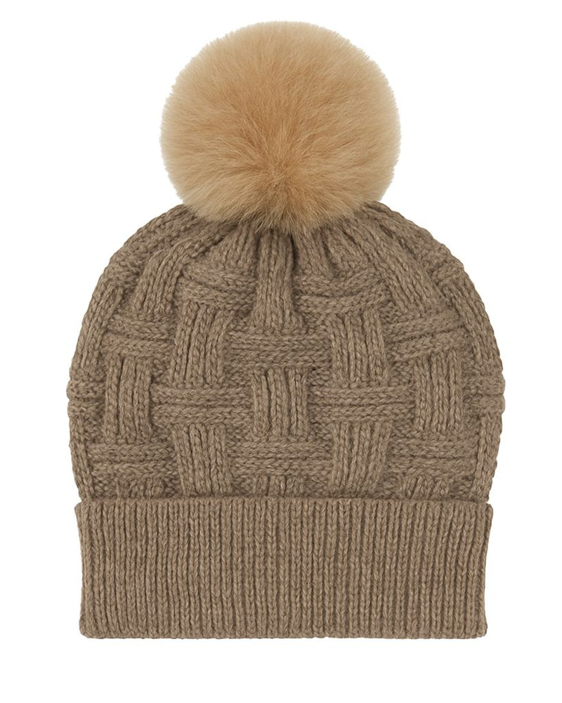Alpaca Beanie with Fur Pom Pom Winter Hat Smooth Alpaca Fashion Sand-Melange 